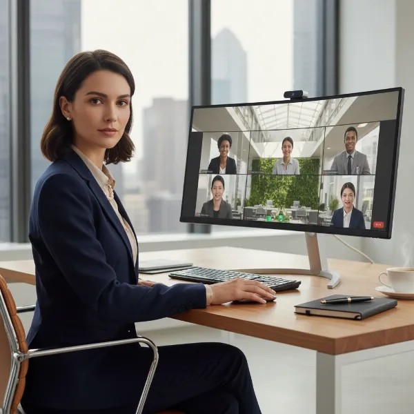 A professional using a high-end computer monitor with built-in webcam and speakers during a video conference.