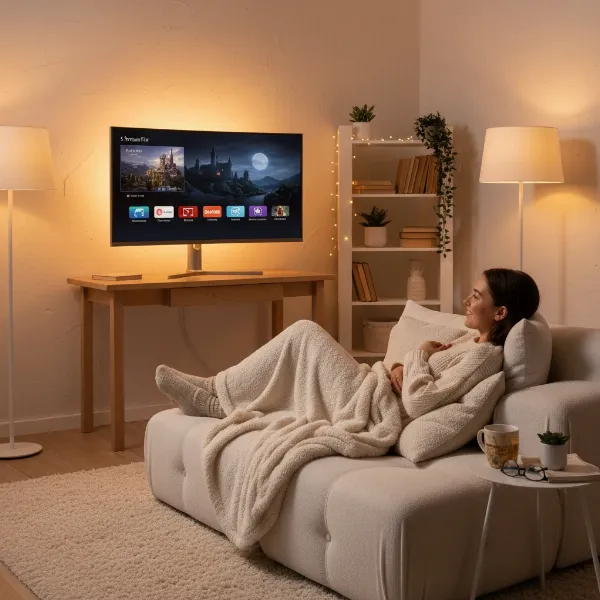 A person comfortably watching a movie on a computer monitor in a relaxed setting, highlighting eye-care features and smart monitor capabilities.
