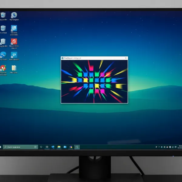 A computer monitor displaying pixel repair software with rapidly flashing colored squares over a small area.
