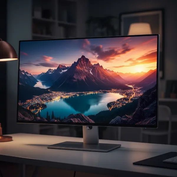 A high-end computer monitor showcasing a breathtaking HDR image with exceptional color and contrast, emphasizing quality.