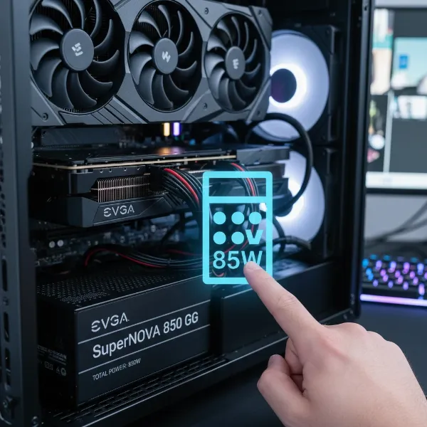 Person examining the wattage label of a Power Supply Unit inside an open PC case.