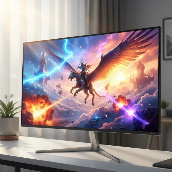 A QLED computer monitor displaying a brightly lit, colorful scene from an action movie, emphasizing vibrant hues and impactful HDR.