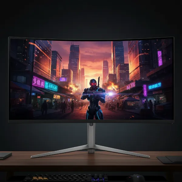 A QLED monitor displaying a vibrant, high-dynamic-range gaming scene with rich colors and brightness.