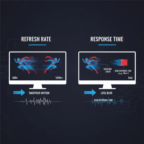 An infographic explaining computer monitor refresh rate and response time with visual examples of smooth vs. blurry motion.