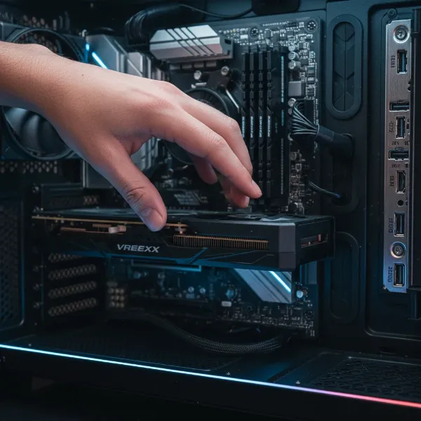 hand carefully reseating a graphics card into its PCIe slot on a motherboard