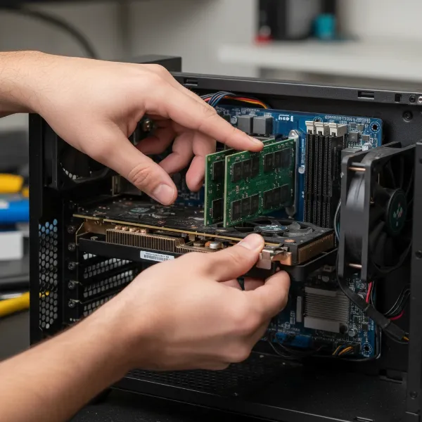 Hands reseating a GPU into PCIe slot and checking RAM modules inside an open PC.