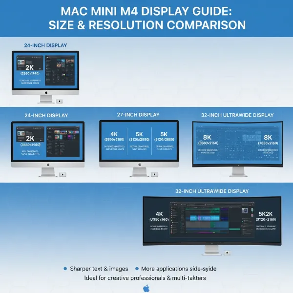 Diagram illustrating different monitor screen sizes and resolutions for Mac Mini.