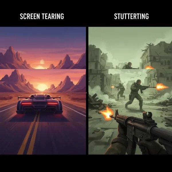Visual example of screen tearing and stuttering in a game, showing misalignment and choppiness.