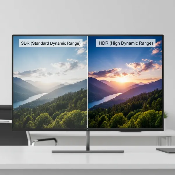 Side-by-side comparison of standard dynamic range versus high dynamic range on a computer monitor.