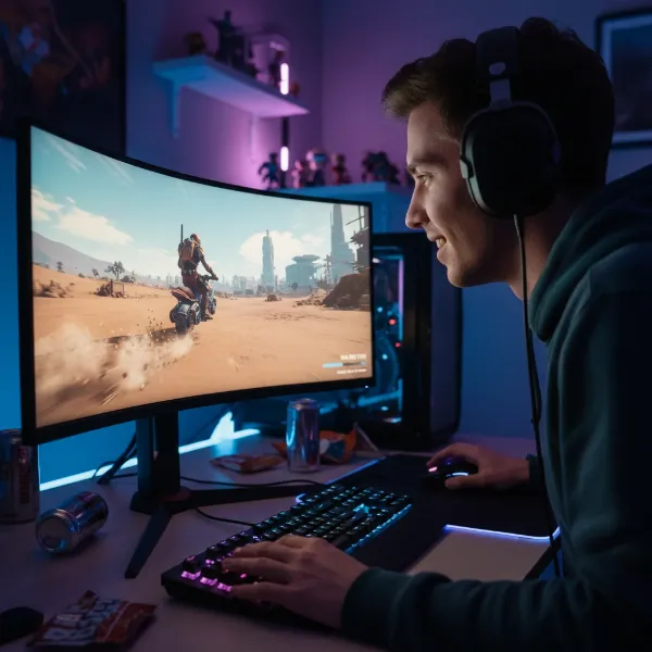 Gamer enjoying a fluid and immersive experience on a monitor with VRR, showing no tearing or stuttering.
