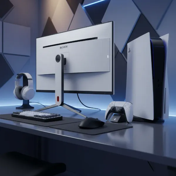 A detailed shot of the Sony Inzone M9 computer monitor integrated into a modern gaming setup with a PS5 console and peripherals.