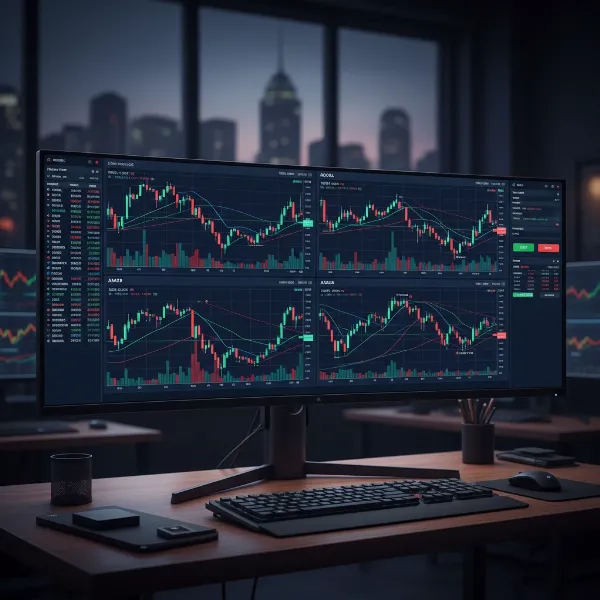 An ultrawide computer monitor showing a vast, seamless trading platform with numerous charts.