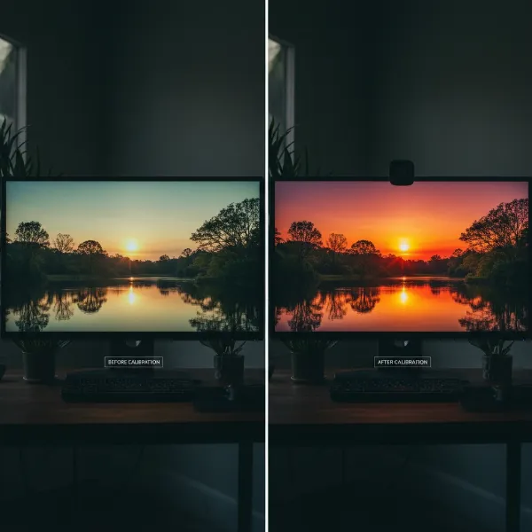 Visual comparison of uncalibrated and calibrated monitor displays, highlighting color accuracy difference.