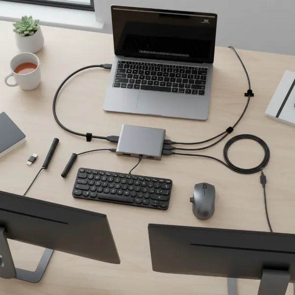 A sleek USB-C or Thunderbolt docking station connecting a laptop to multiple external monitors and peripherals.
