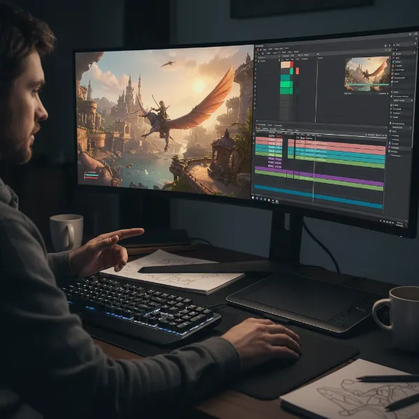 A person immersed in either gaming or content creation using a high-performance computer monitor.