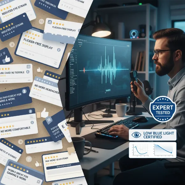 A visual representation of user ratings and expert reviews for computer monitors, emphasizing eye comfort features.