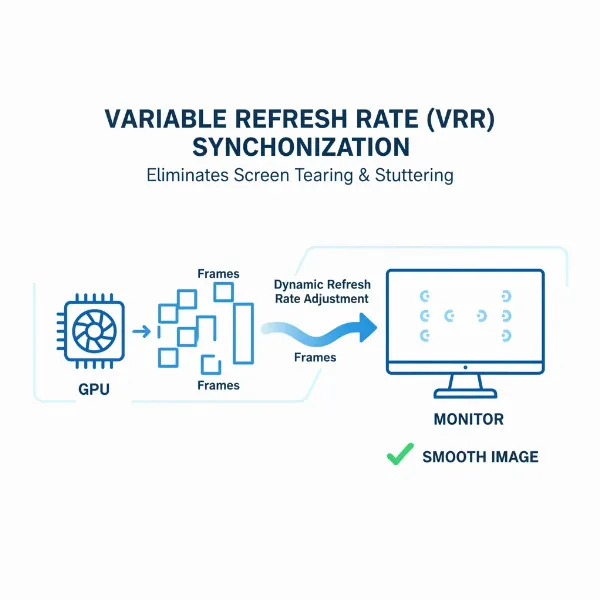 Diagram illustrating how VRR synchronizes monitor refresh rate with GPU frame rate for smooth gameplay.
