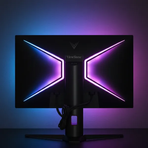 Back view of a ViewSonic Elite monitor showing its customizable Elite RGB ambient lighting in action.