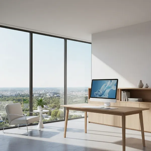 a white computer monitor seamlessly integrated into a bright, minimalist room interior