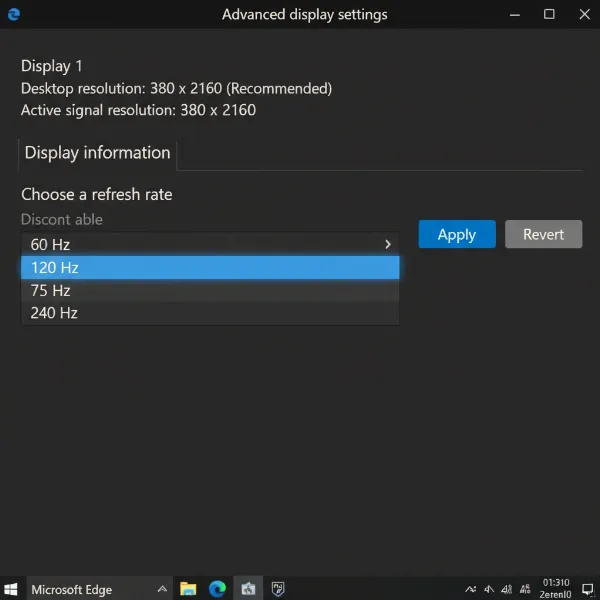 Windows Display Settings showing 144Hz refresh rate option