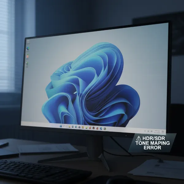 A computer monitor screen displaying a visibly washed-out image, representing common software compatibility issues with HDR.