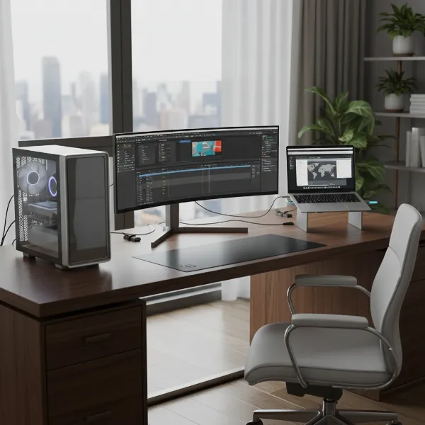 Laptop displaying extended desktop via Windows Projecting to this PC feature, showcasing wireless dual monitor setup for productivity.